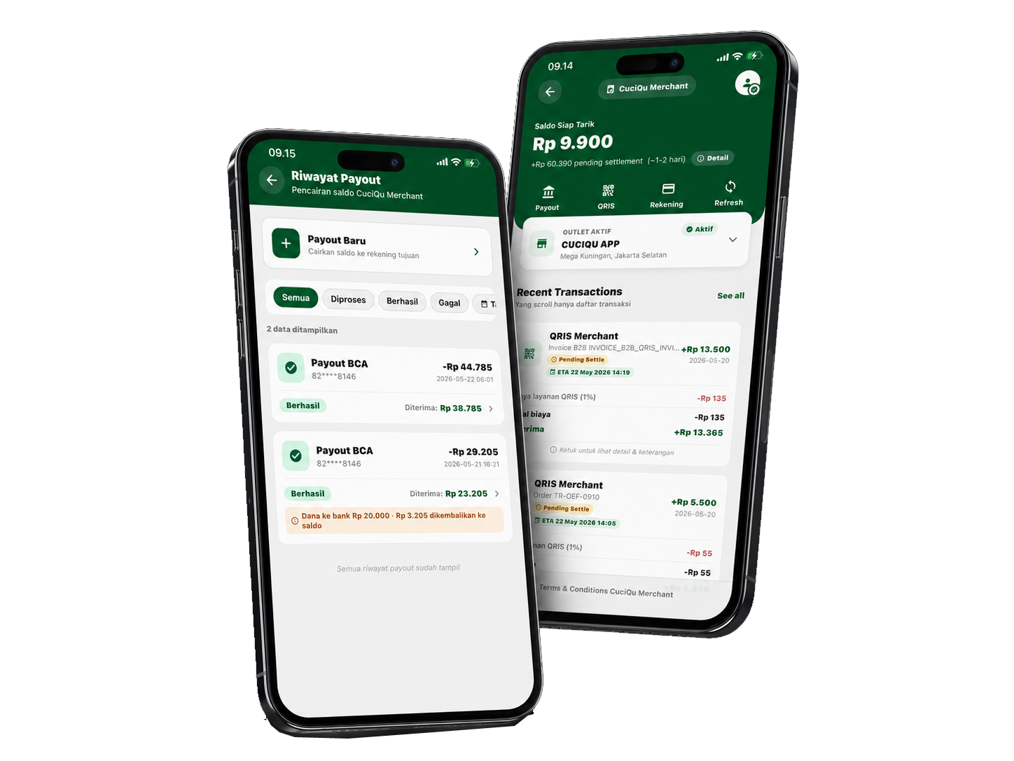 CuciQu Merchant untuk pembayaran QRIS laundry, saldo outlet, payout bank, dan dashboard transaksi merchant