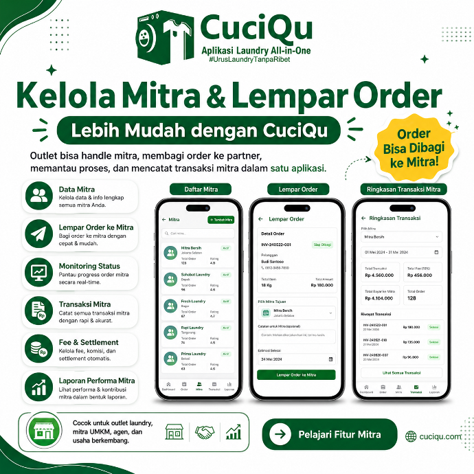 Kelola mitra dan lempar order laundry dengan CuciQu