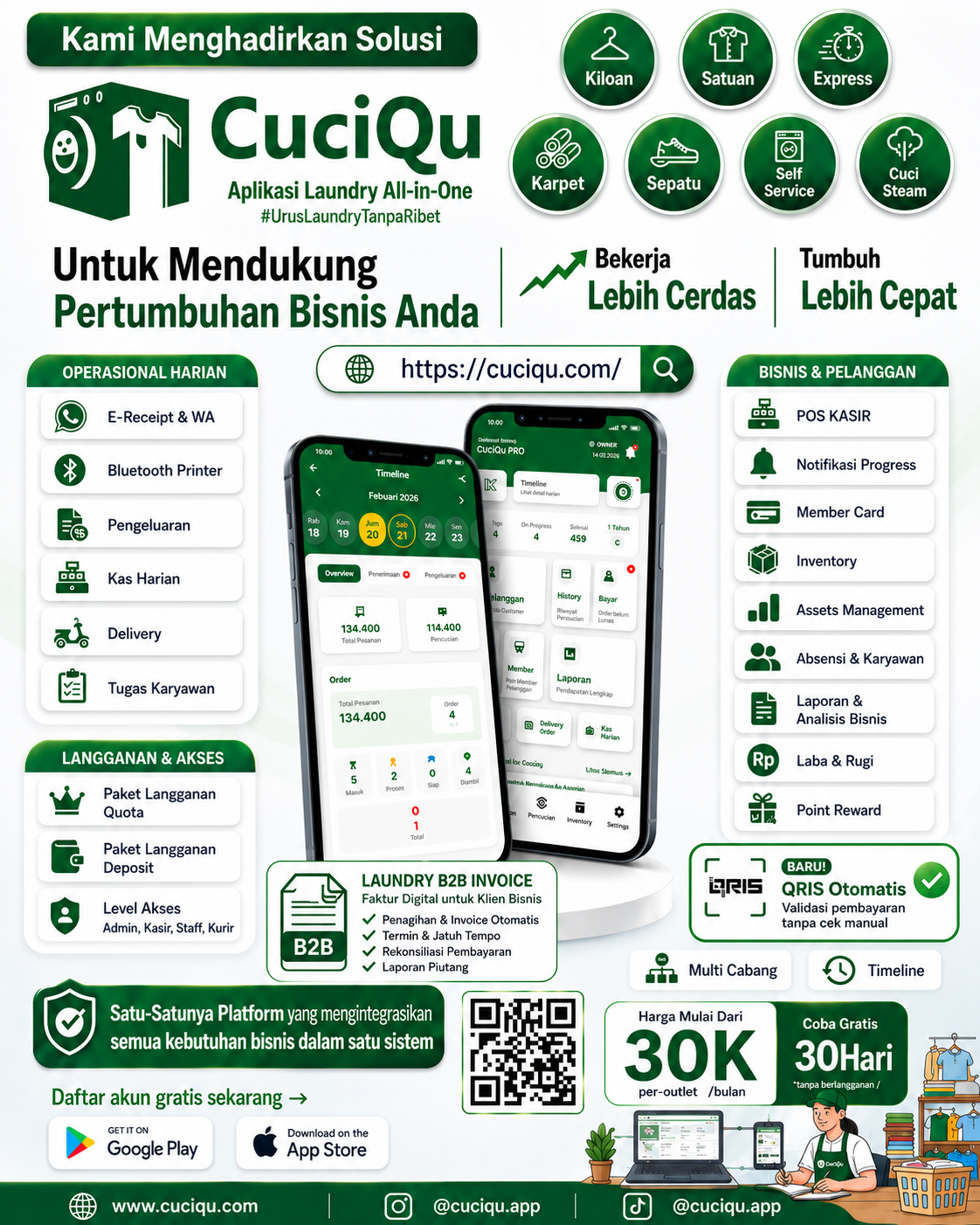 Aplikasi kasir POS laundry CuciQu Pro dengan pembayaran QRIS Xendit, kas harian 3 shift, dan operasional outlet